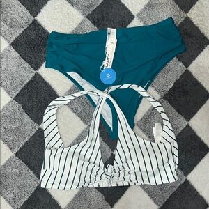 Cupshe Teal Bikini Bottom with Striped Knot Top
